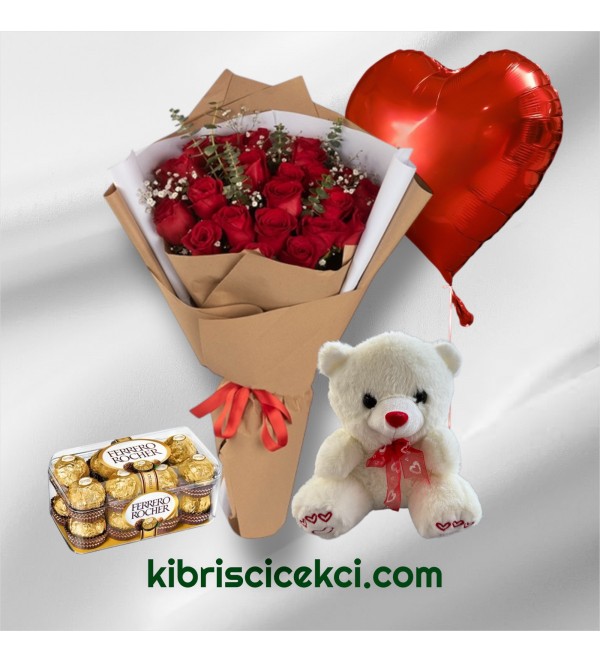 23 Kırmızı Gül Buketi 16'lı Ferrero Çikolata Ayıcık Kalp Helyum Balon